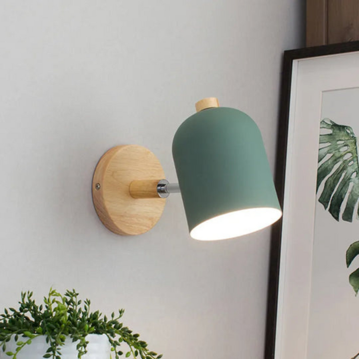 Close-up of solid wood detail on Scandinavian LED wall sconce