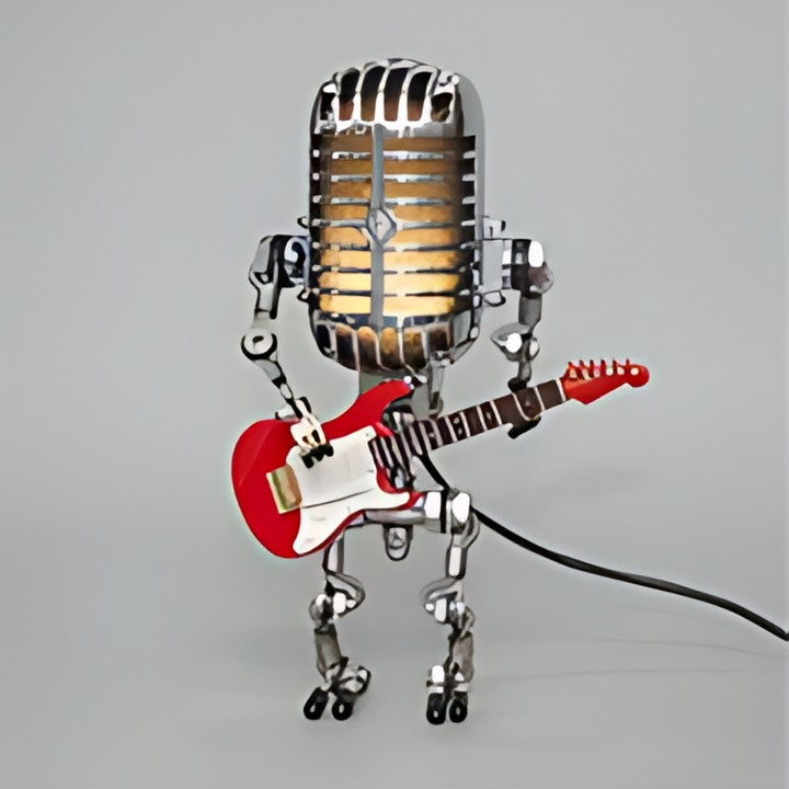 Omvix novelty robot lamp with yellow guitar on a bedroom shelf