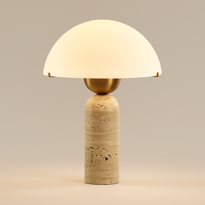 Blair travertine desk lamp with glass dome shade and natural stone column