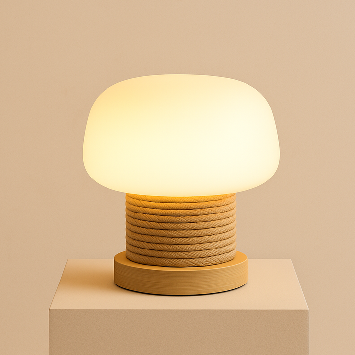 Dell mushroom table lamp with glass shade and rope-wrapped wood base