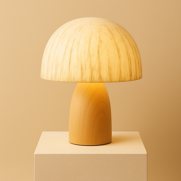 Elm Japandi wood table lamp with soft paper shade on bedside table