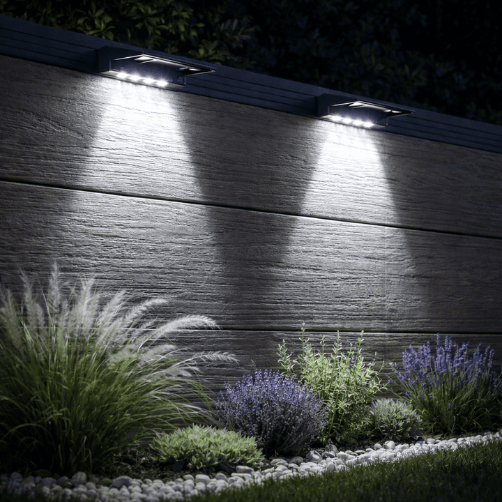 Solar LED wall light with warm white glow at dusk