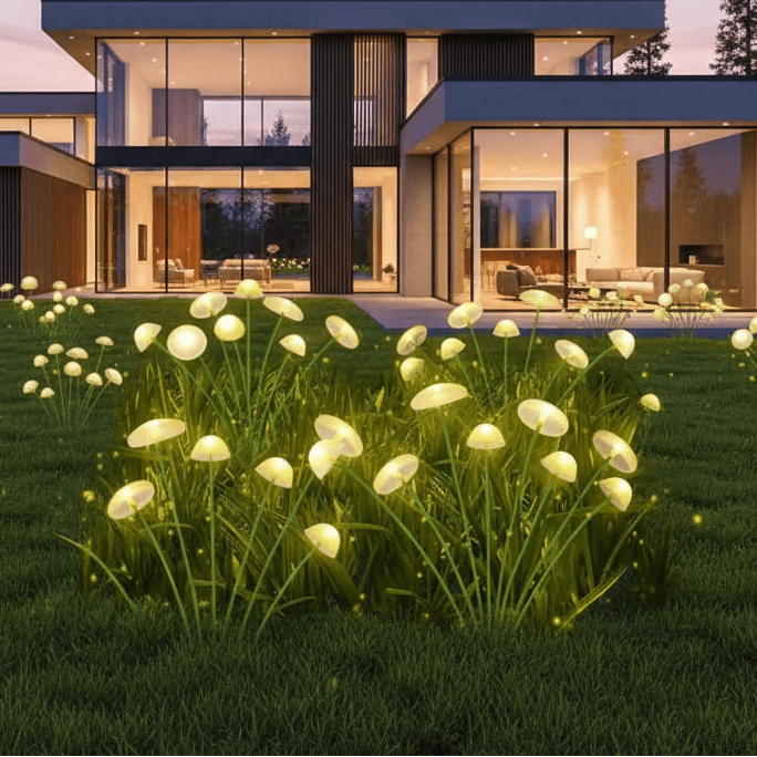 Cluster of solar mushroom lights with warm light in a fairy garden setting