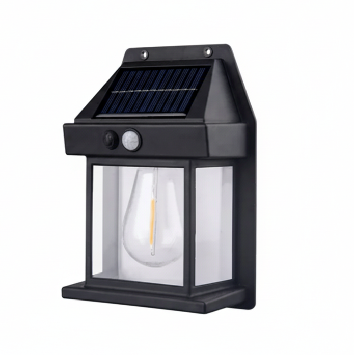 Modern square solar LED wall lantern mounted next to a modern front door