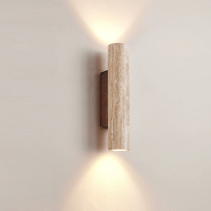 Japandi travertine wood cylinder wall sconce - front view