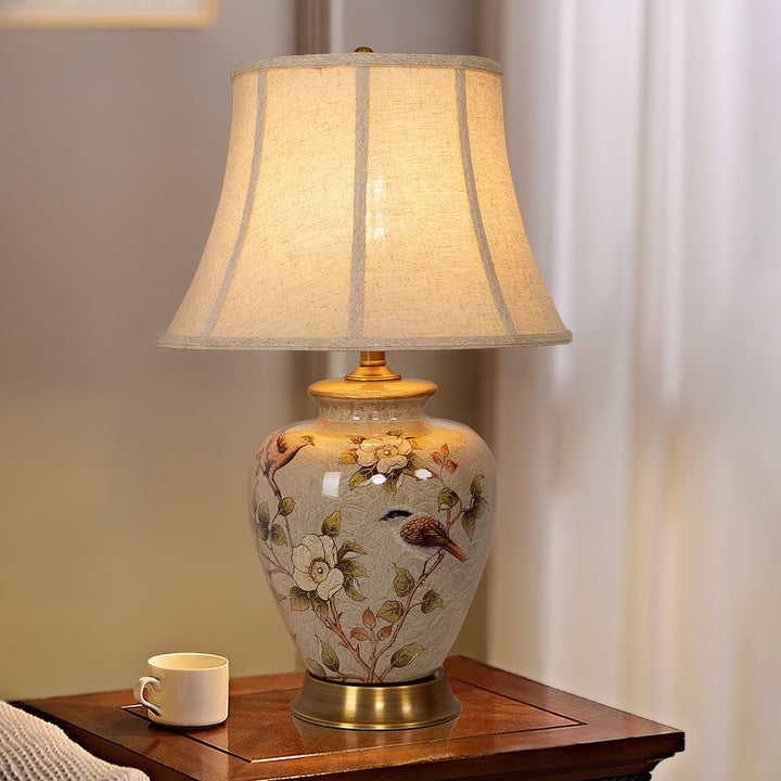 Vintage ceramic bird pattern table lamp with brass base – main product view