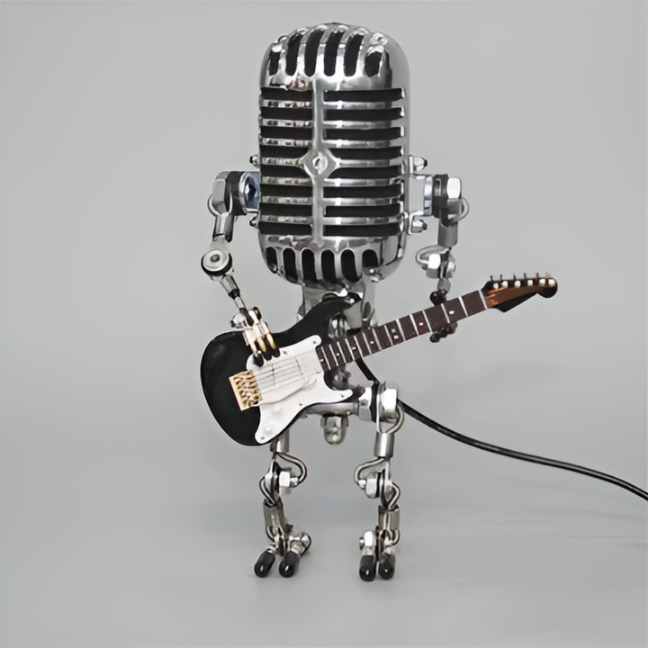 Close-up of the Omvix robot guitar lamp sculptural design