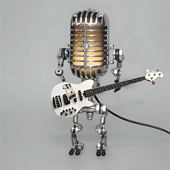 Omvix robot guitar table lamp glowing warmly on a desk
