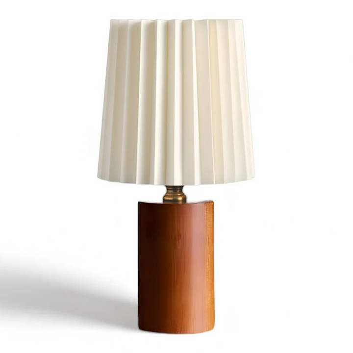 Walnut Scandi table lamp lit with warm white LED