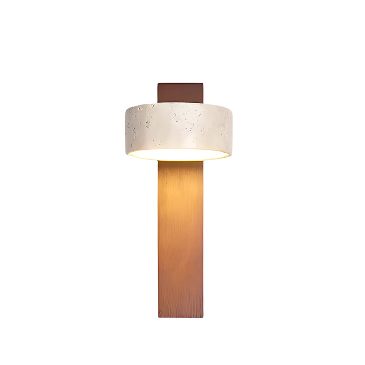 Travertine wood wall sconce shown beside a bed for soft bedside lighting