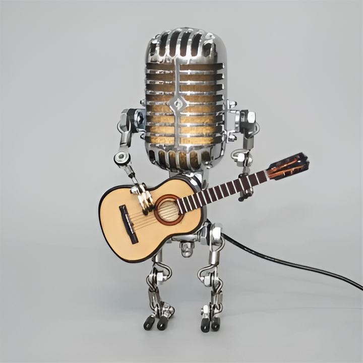 Omvix mechanical robot lamp shown with black guitar detail
