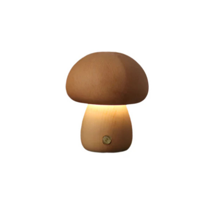 Pheme natural wood table lamp displayed on a shelf