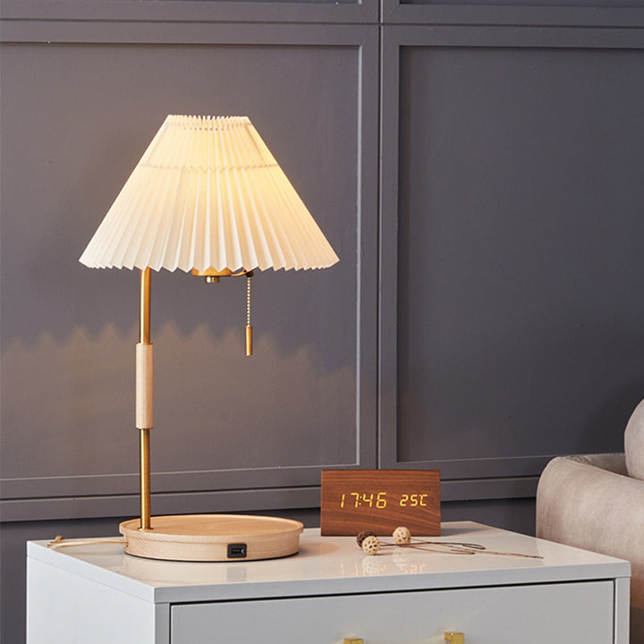 Pleated bedside lamp with wireless charging walnut wood base – view 5