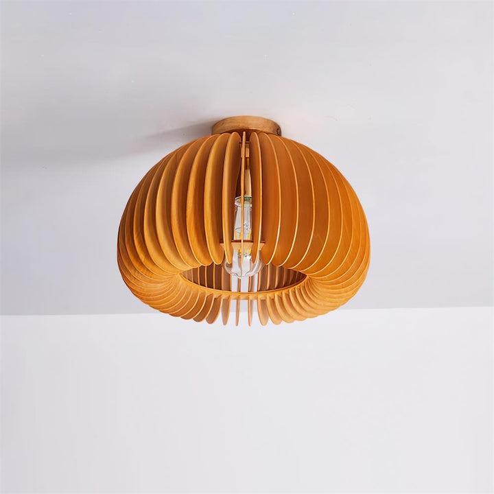 Nolari ceiling lamp viewed from below, warm wood-diffused light