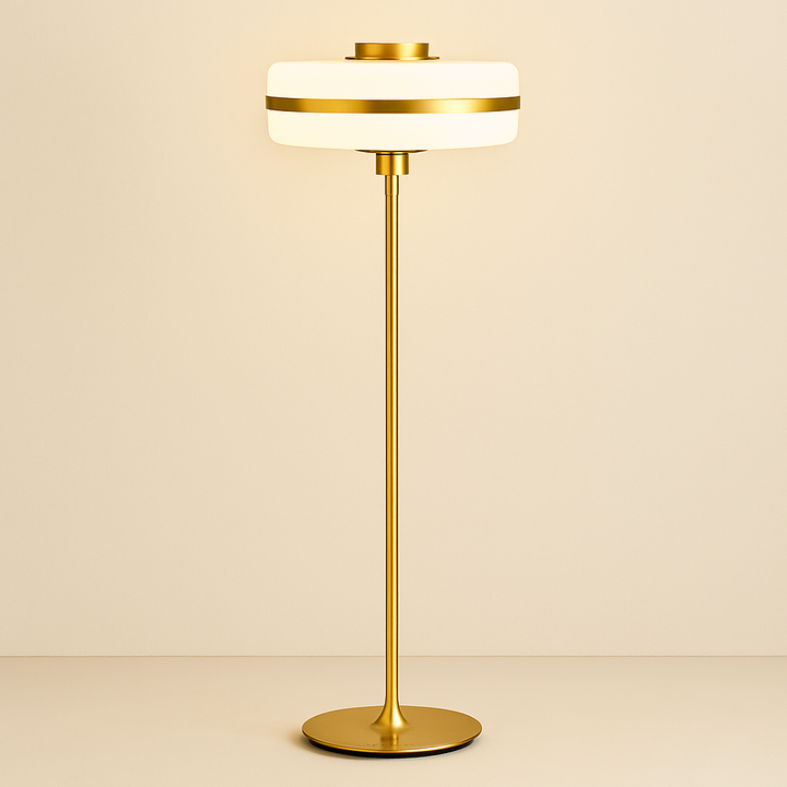 Brio modern floor lamp with slim metallic stem and rounded diffused shade