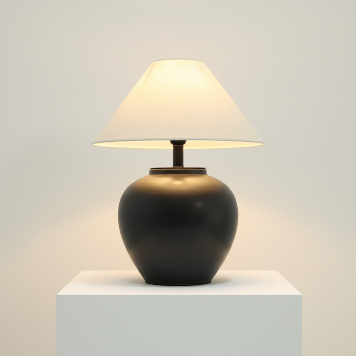 Isar ceramic table lamp with matte rounded body and soft fabric shade