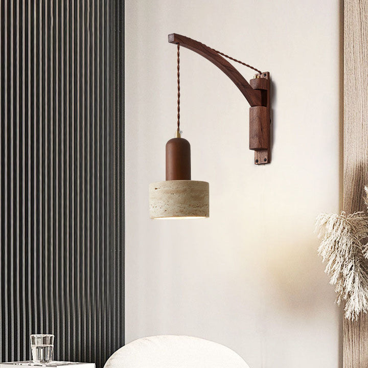 Japanese wabi-sabi wood and glass dome wall sconce lamp on neutral wall