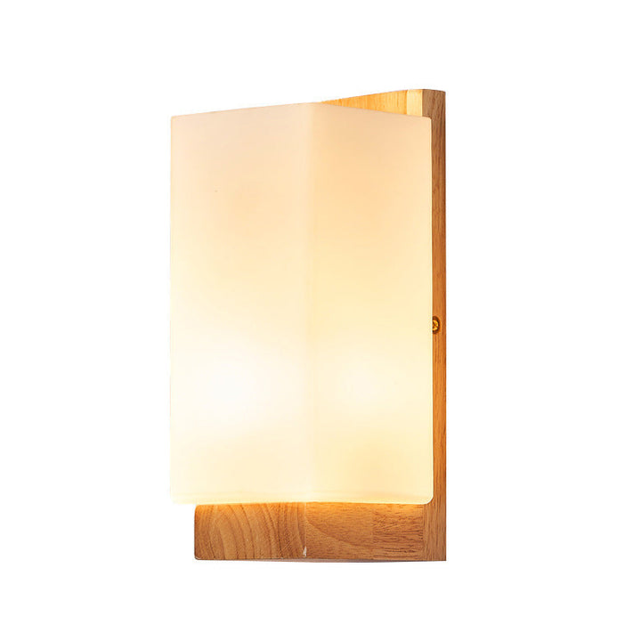 Japanese wood and glass rectangle LED wall sconce on wall