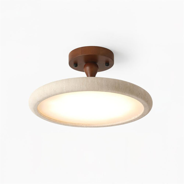 Calyran ceiling lamp, travertine and wood design, front product view