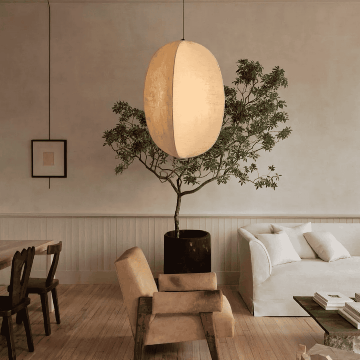 Kumo linen lantern pendant light with silk shade – dimension reference
