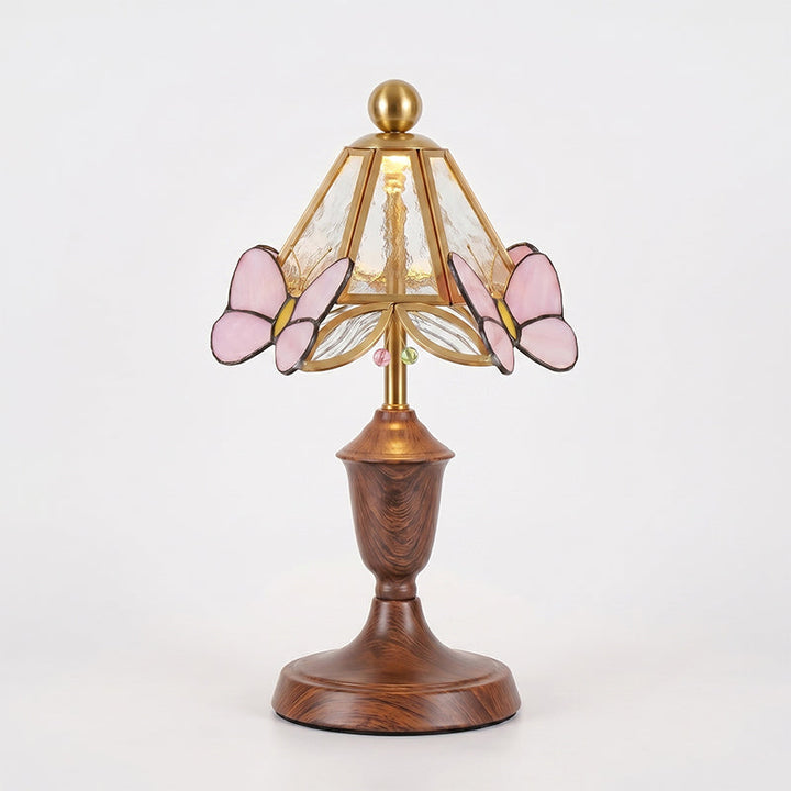 Maripelle designer table lamp with walnut wood-grain finish and glass shade