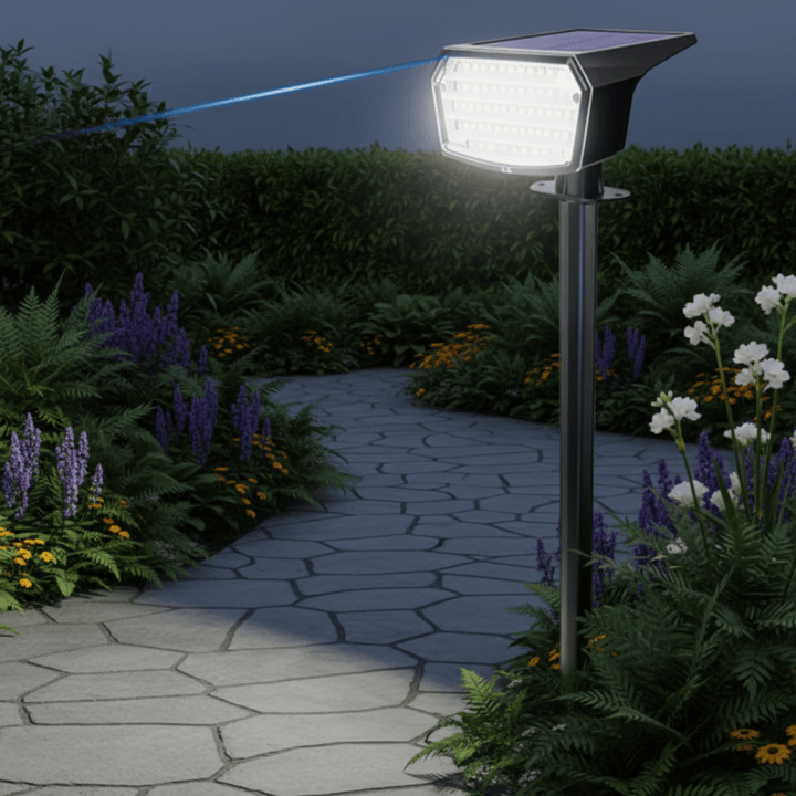 Modern rectangular solar LED floodlight mounted in garden