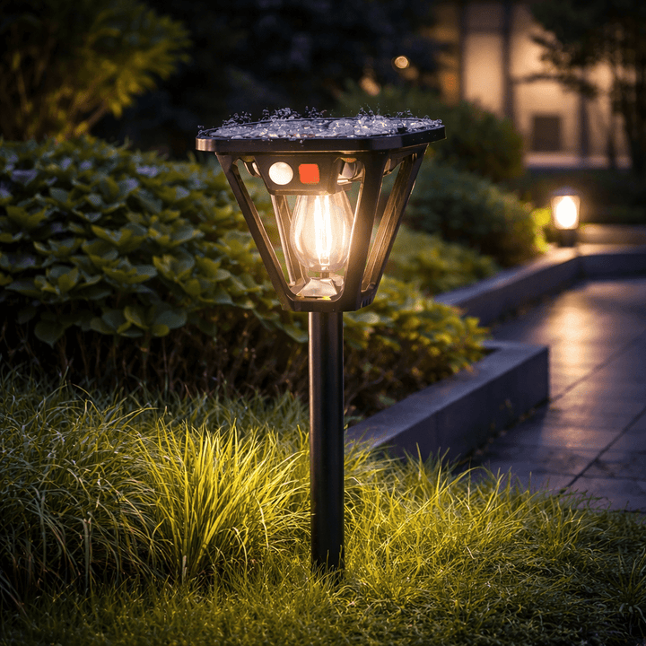 Front product view of solar motion sensor garden post light in black ABS
