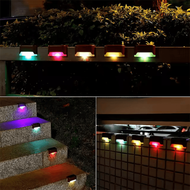 Modern solar LED step light multi-colour mode shown lighting outdoor stairs at night