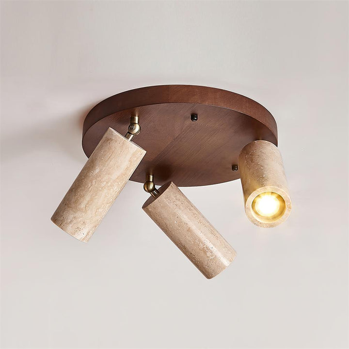 Milzyra ceiling lamp – travertine stone and walnut wood 3-spot design