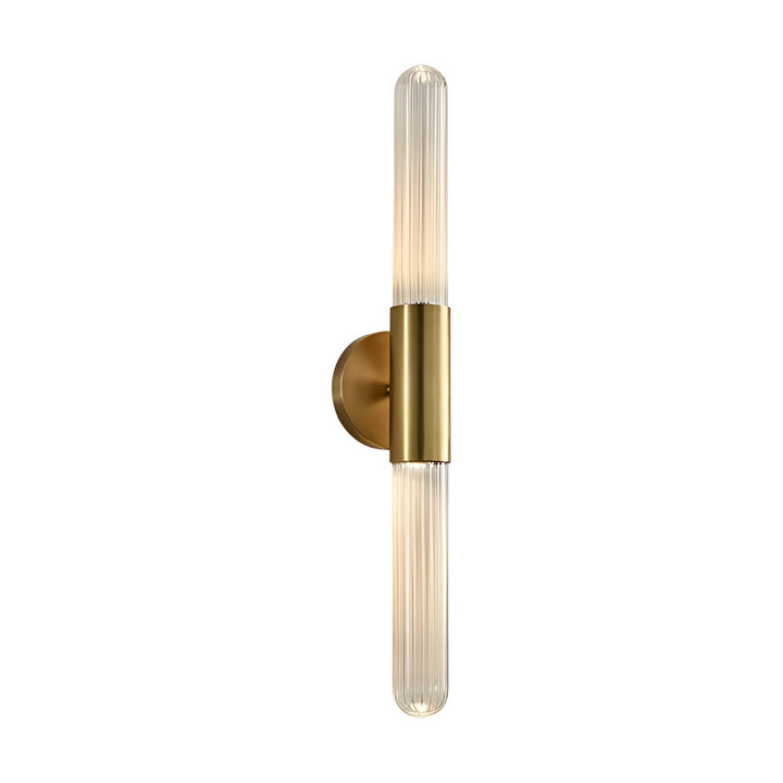 Brass and water-ripple glass wall sconce close-up showing refracted LED detail