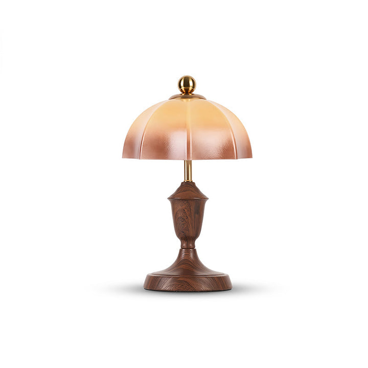 Rosmara walnut wood LED table lamp with caramel glass shade