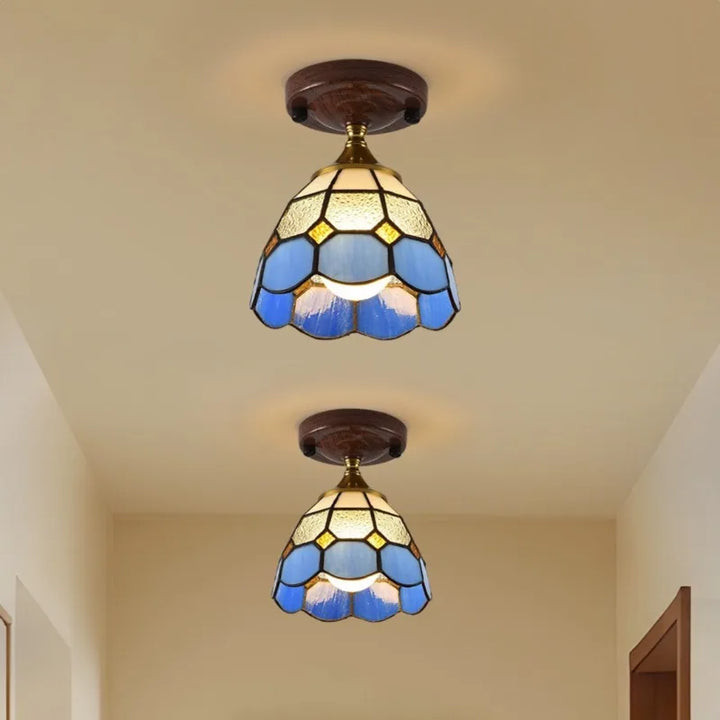 French stained glass ceiling light with iron frame, retro vintage style