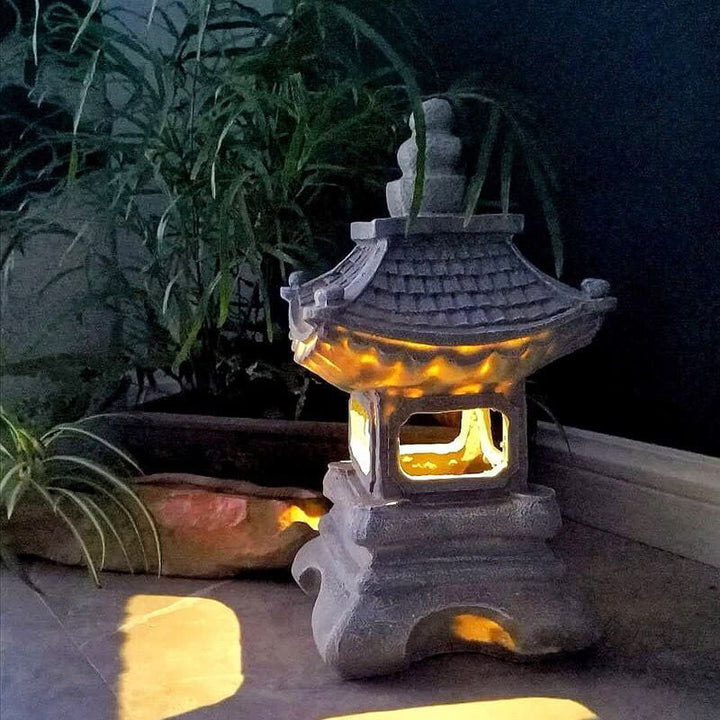 Solar pagoda stone garden light pathway installation
