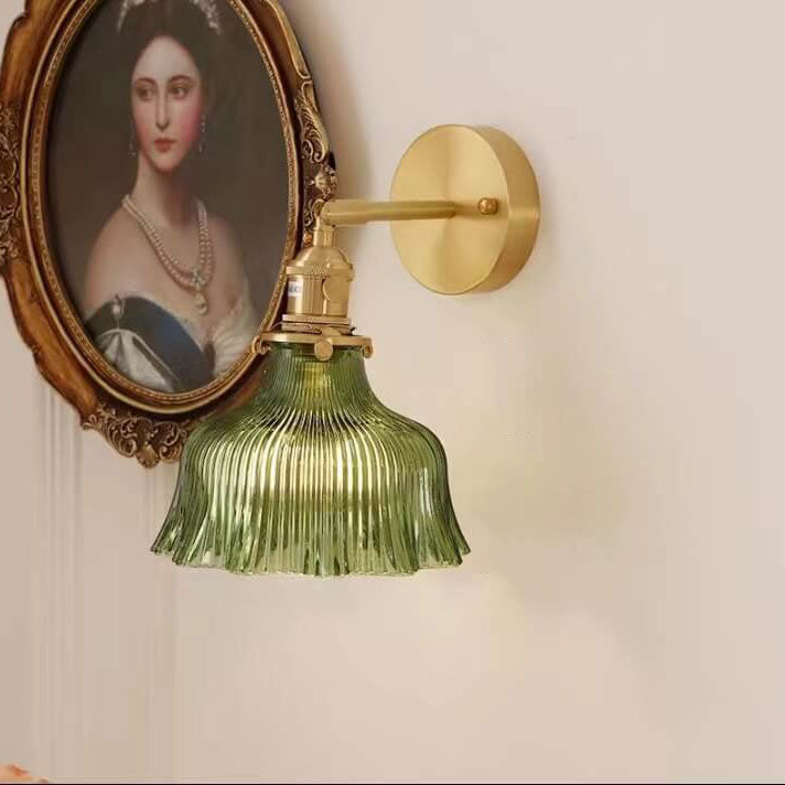 Nordic brass and green glass flower wall light front view