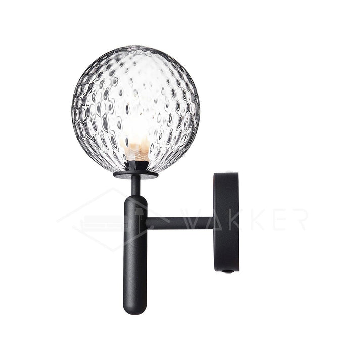 Brass white-glass wall light alternative angle showing slim arm