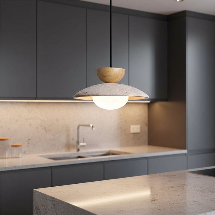 Cleo Travertine Pendant — styled over dining table