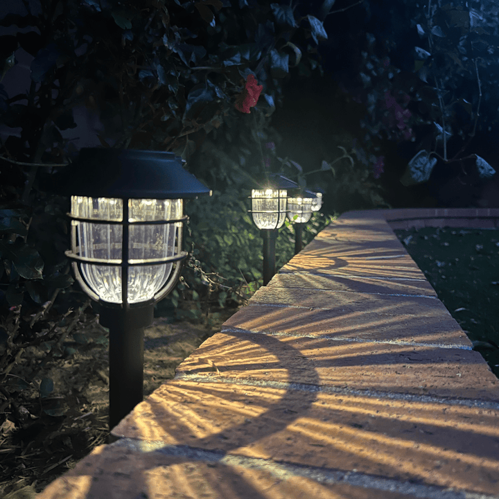 Vintage cage solar light installed on garden pathway
