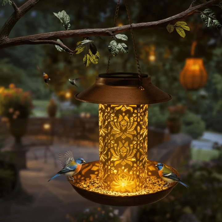 Vintage solar bird feeder pendant light hanging from a pergola at twilight