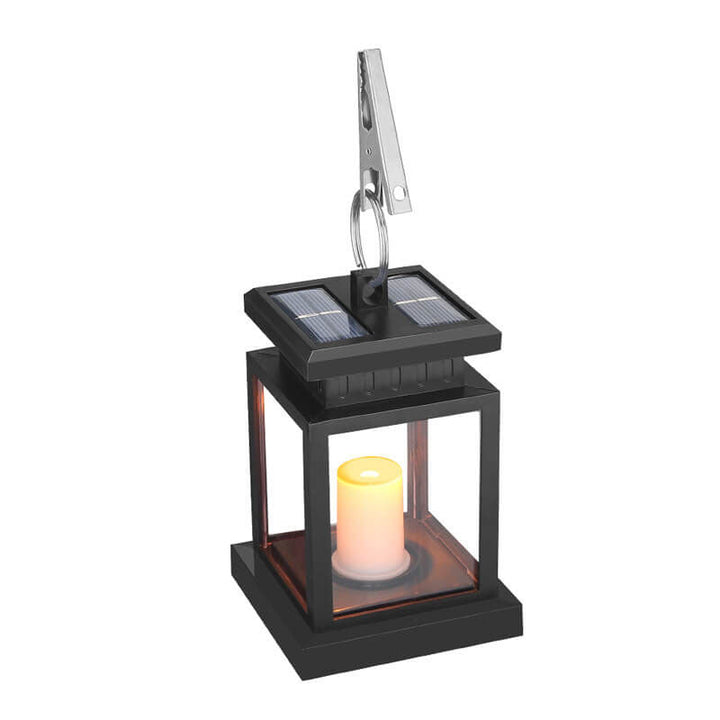 Vintage solar square LED hanging lantern with flickering candle effect on a porch