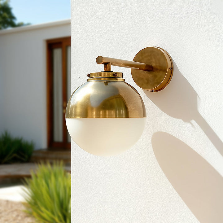Claridge IP54 outdoor wall light in brass and opaline glass