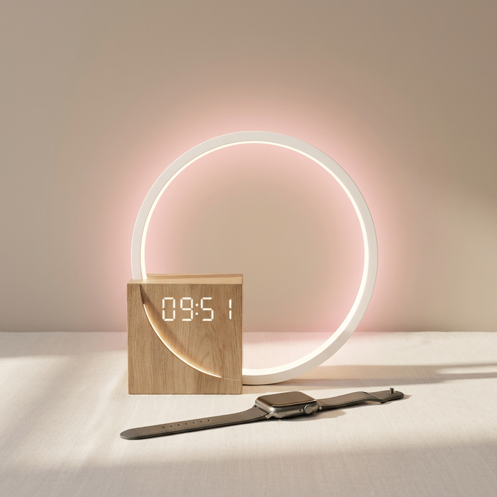 Lunara multifunction LED table lamp with wireless charging glowing dawn-pink, hero shot