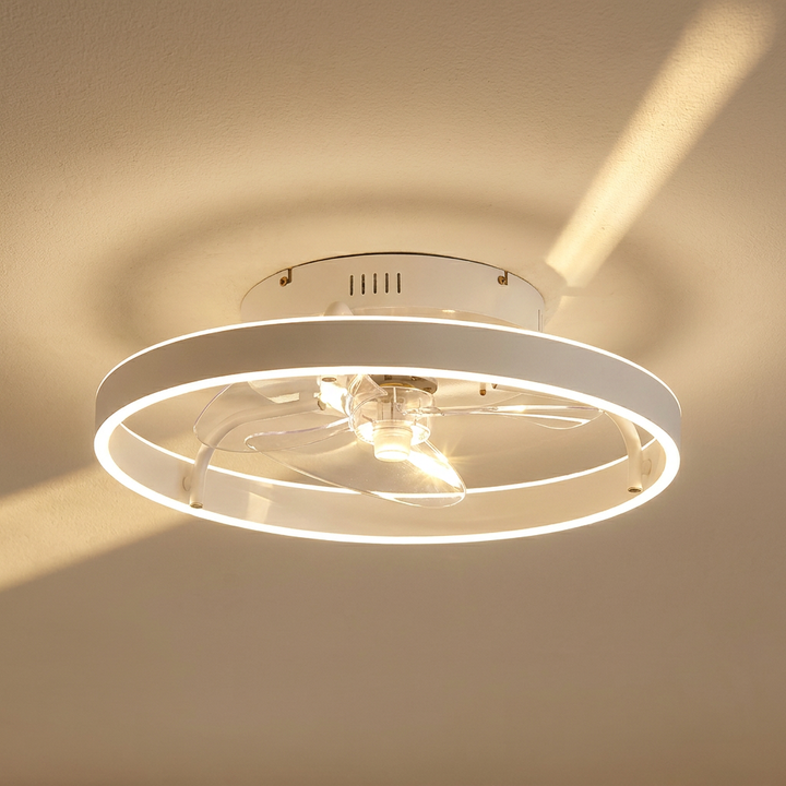 Lindby Momitu white aluminium LED ceiling fan on warm cream plaster ceiling, editorial hero shot