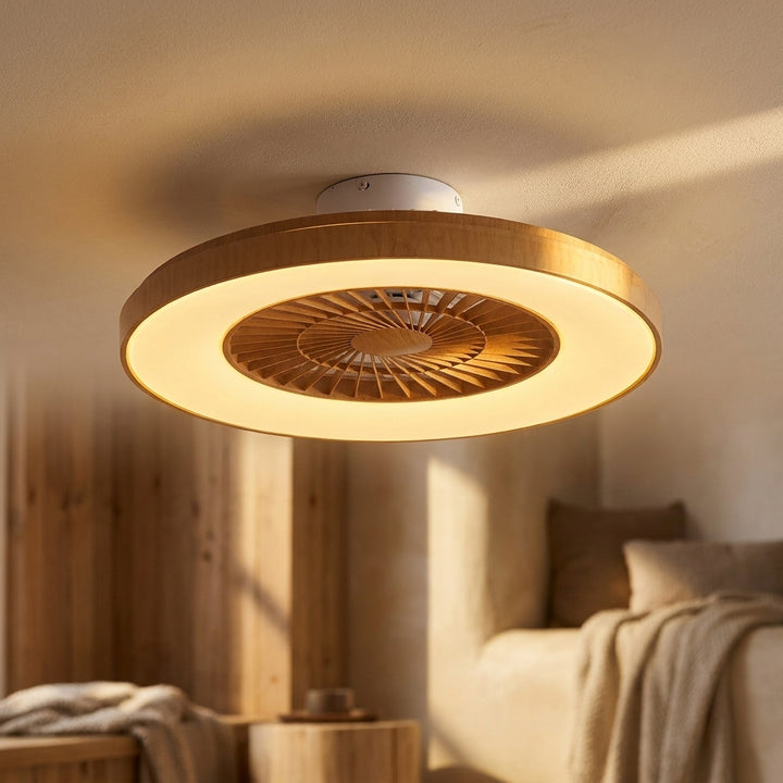 Lindby Teleo wood-coloured LED ceiling fan on warm cream plaster ceiling, scandi cosy, editorial hero shot