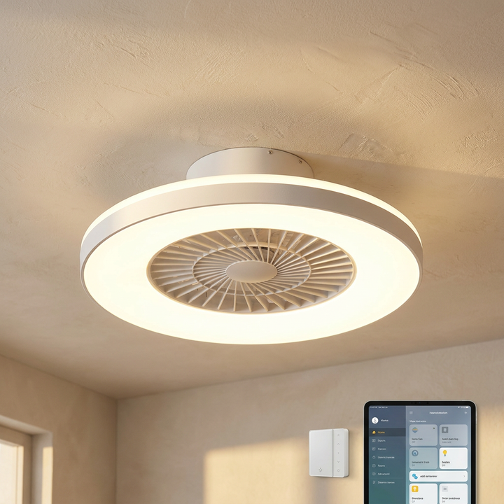 Lindby Paavo white quiet smart LED ceiling fan on warm cream plaster, modern smart, editorial hero shot