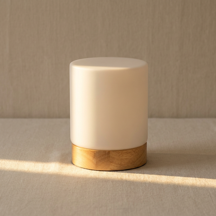 Mirex LED table lamp on cream linen with soft warm white glow, editorial hero shot