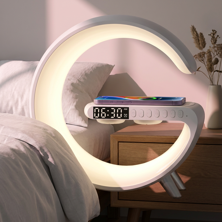Veliora G-shaped night light with wireless charging and digital clock, modern smart bedroom, editorial hero shot