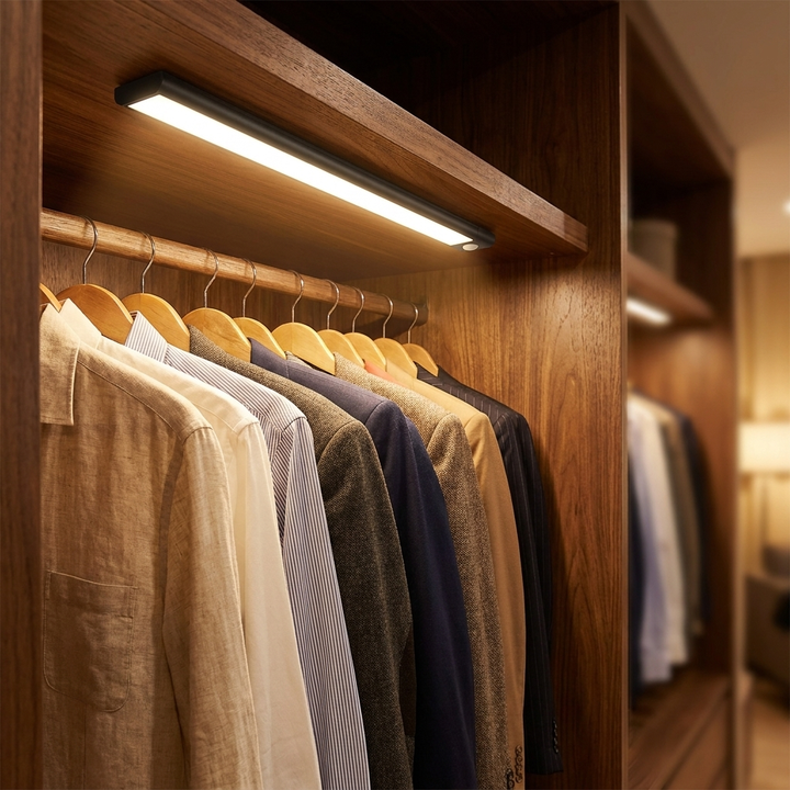 USB Rechargeable Motion Sensor Light in a walk-in wardrobe