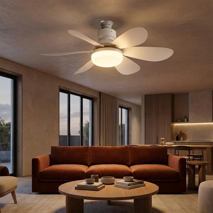 LED Ceiling Fan Light with E27 socket, dimmable, in a refined open-plan living room