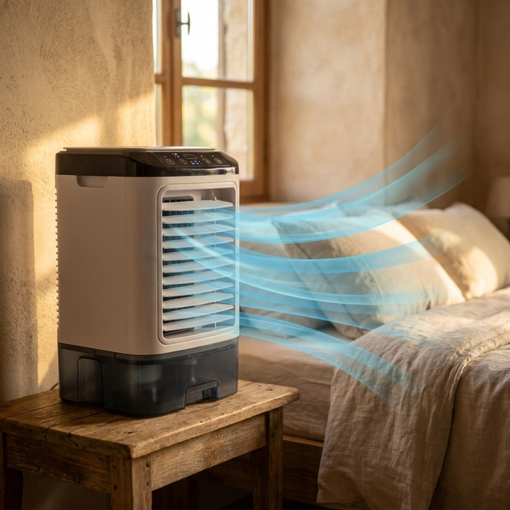 3-Speed Silent Portable Air Cooler with visible cool airflow in a modern bedroom