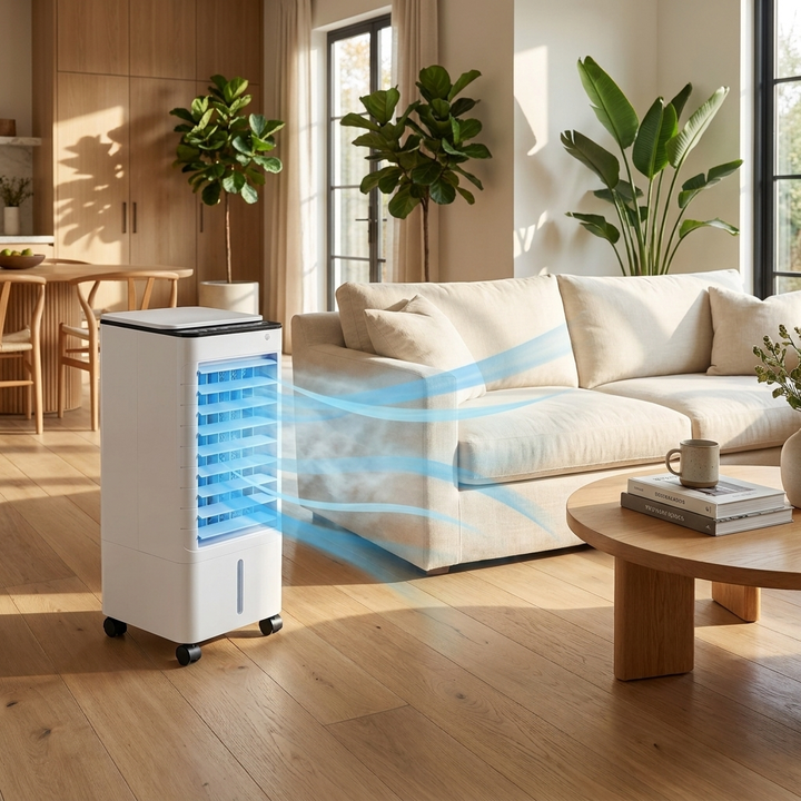 3-in-1 Mobile Air Cooler with visible cool airflow and gentle humidifying mist in a sunlit living space